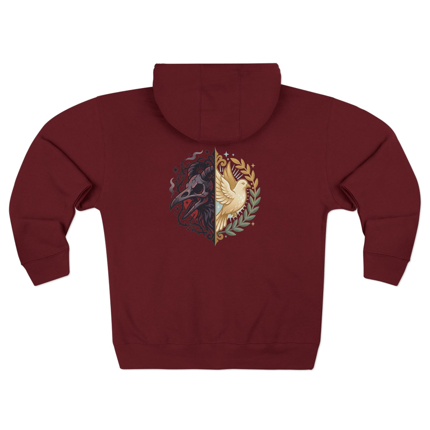 Split Wolf Crest Zip Hoodie — Dark & Gold Half-Skull Laurel Back Print
