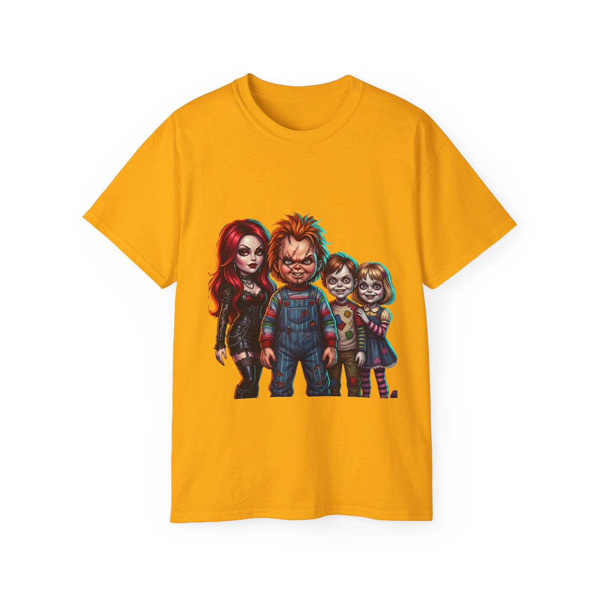 Horror Doll Family T‑Shirt — Chucky & Classic Creepy Dolls Graphic Tee