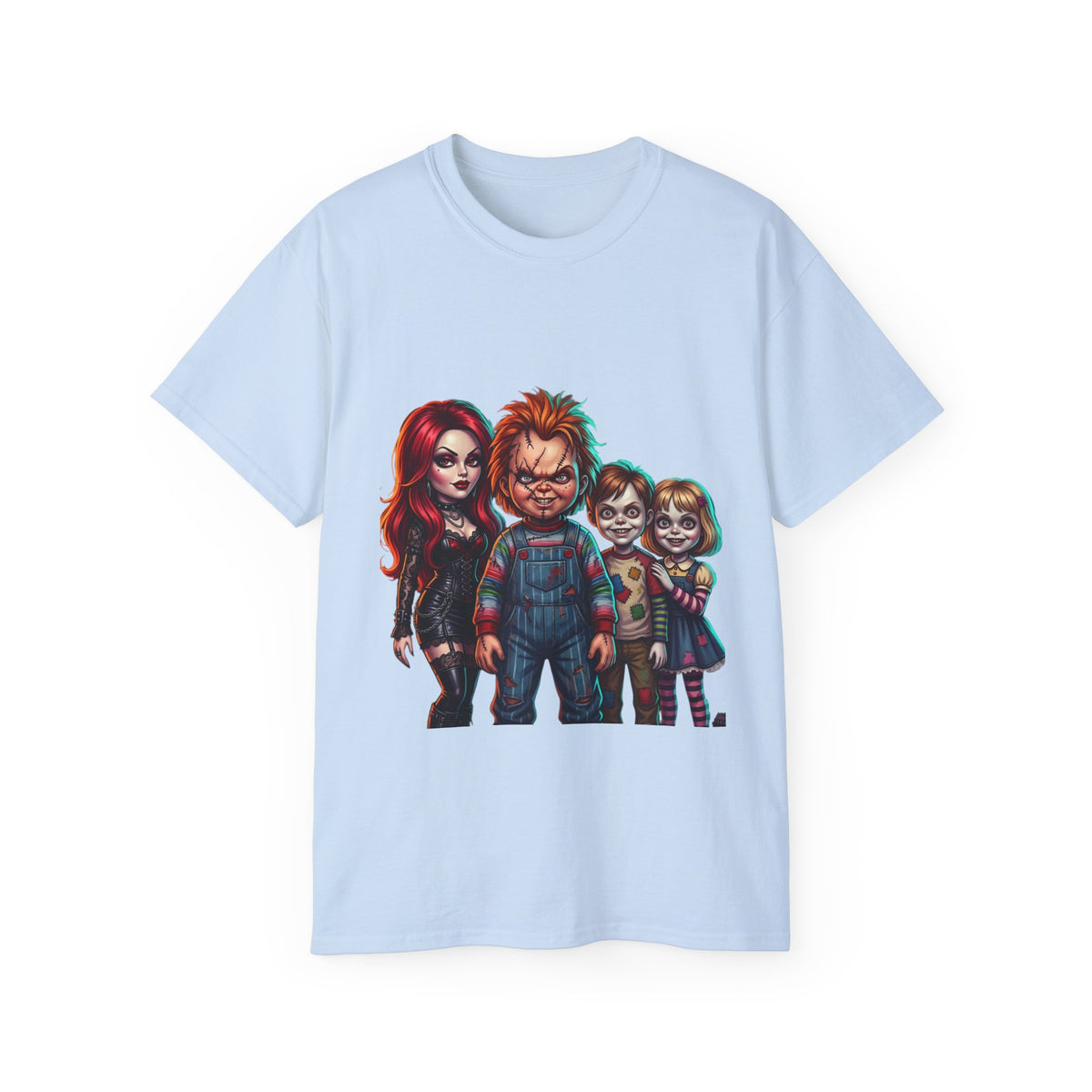 Horror Doll Family T‑Shirt — Chucky & Classic Creepy Dolls Graphic Tee