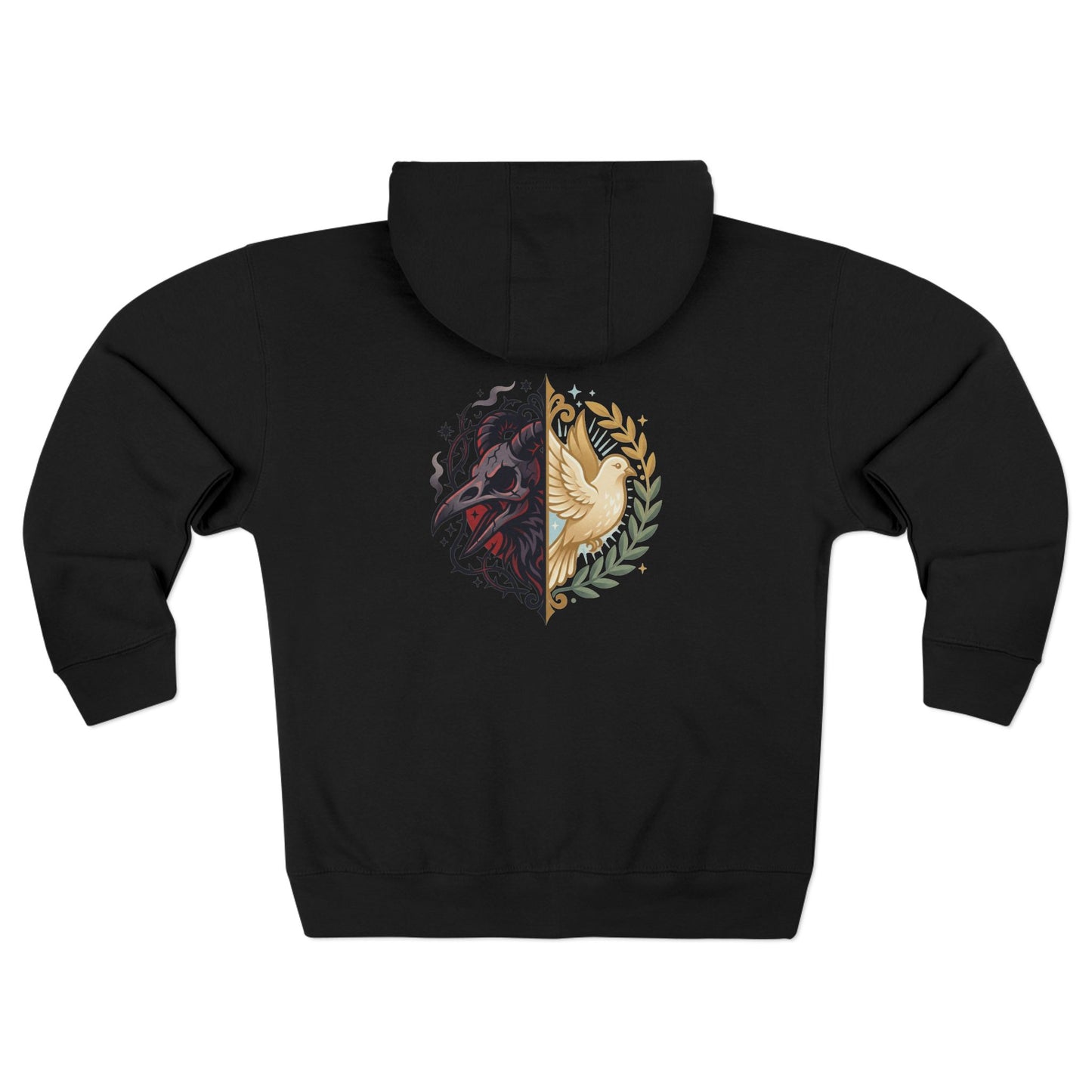 Split Wolf Crest Zip Hoodie — Dark & Gold Half-Skull Laurel Back Print