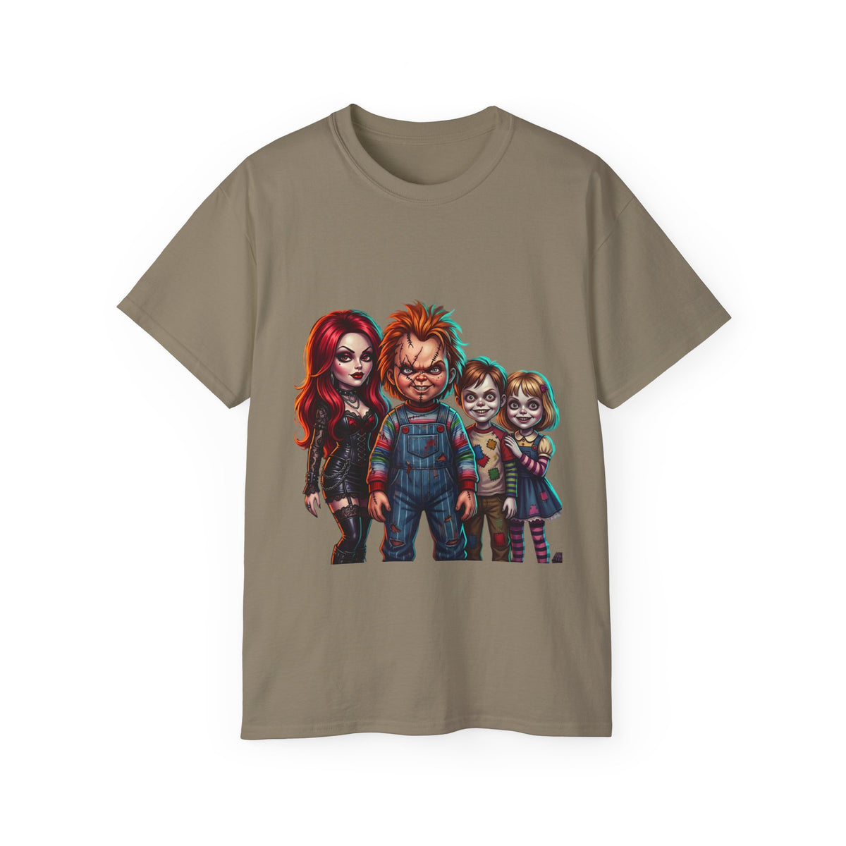 Horror Doll Family T‑Shirt — Chucky & Classic Creepy Dolls Graphic Tee