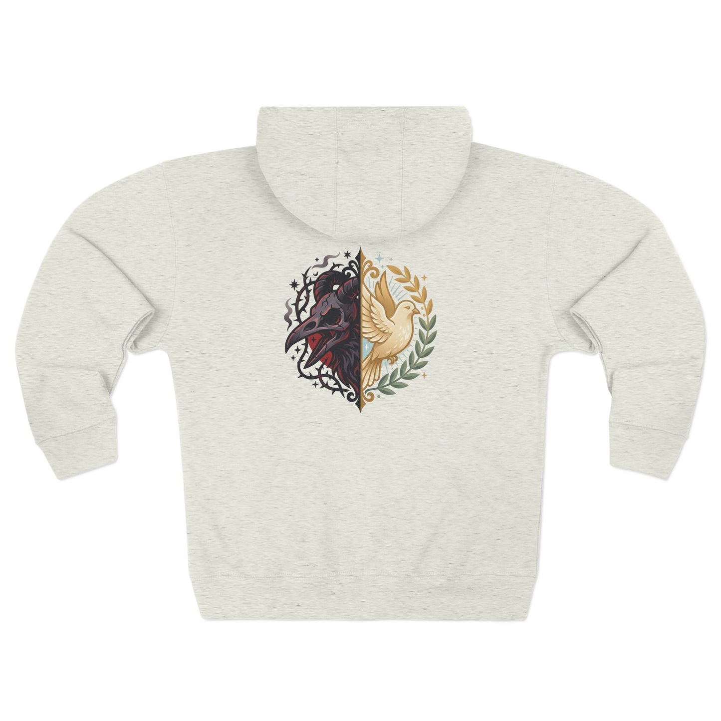 Split Wolf Crest Zip Hoodie — Dark & Gold Half-Skull Laurel Back Print