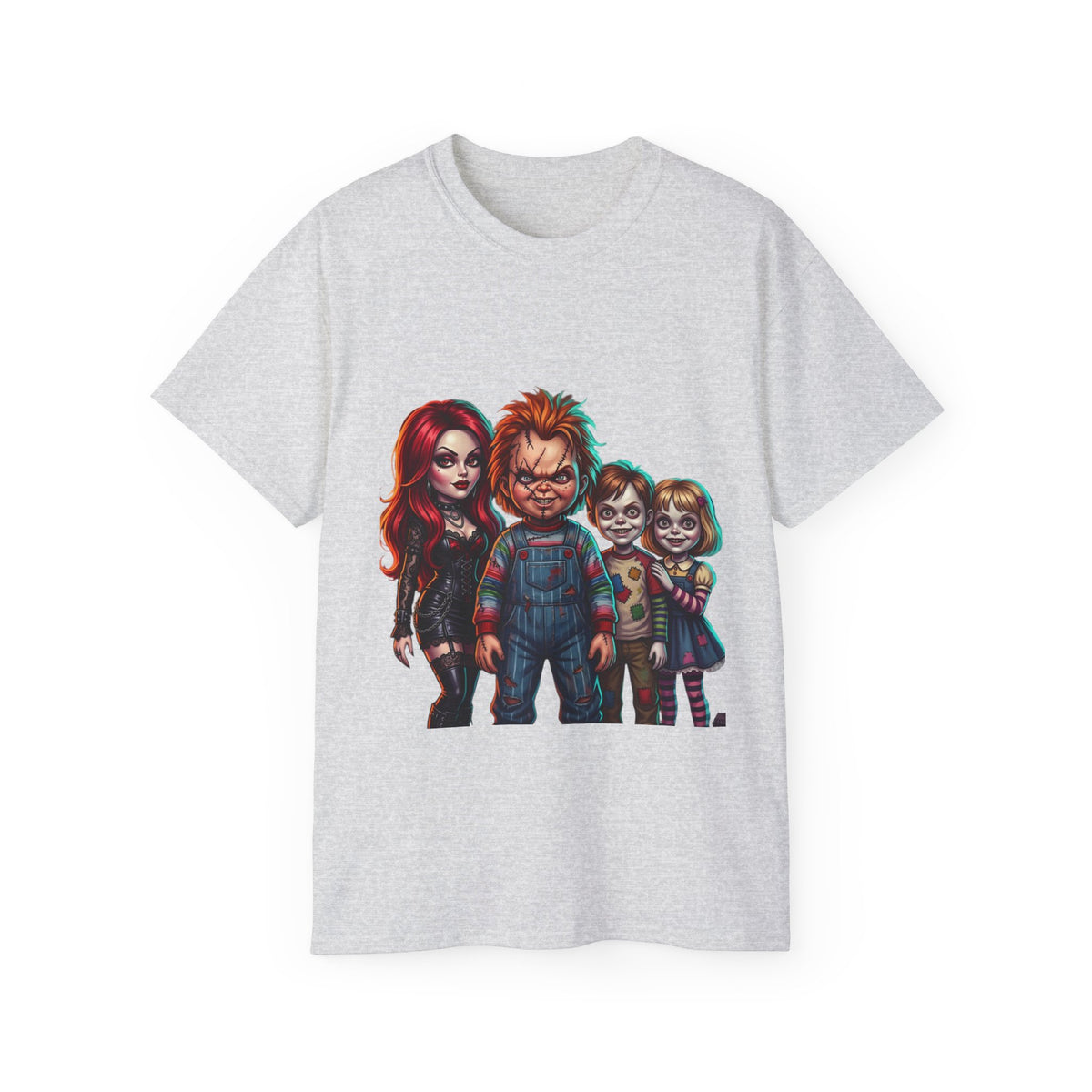 Horror Doll Family T‑Shirt — Chucky & Classic Creepy Dolls Graphic Tee