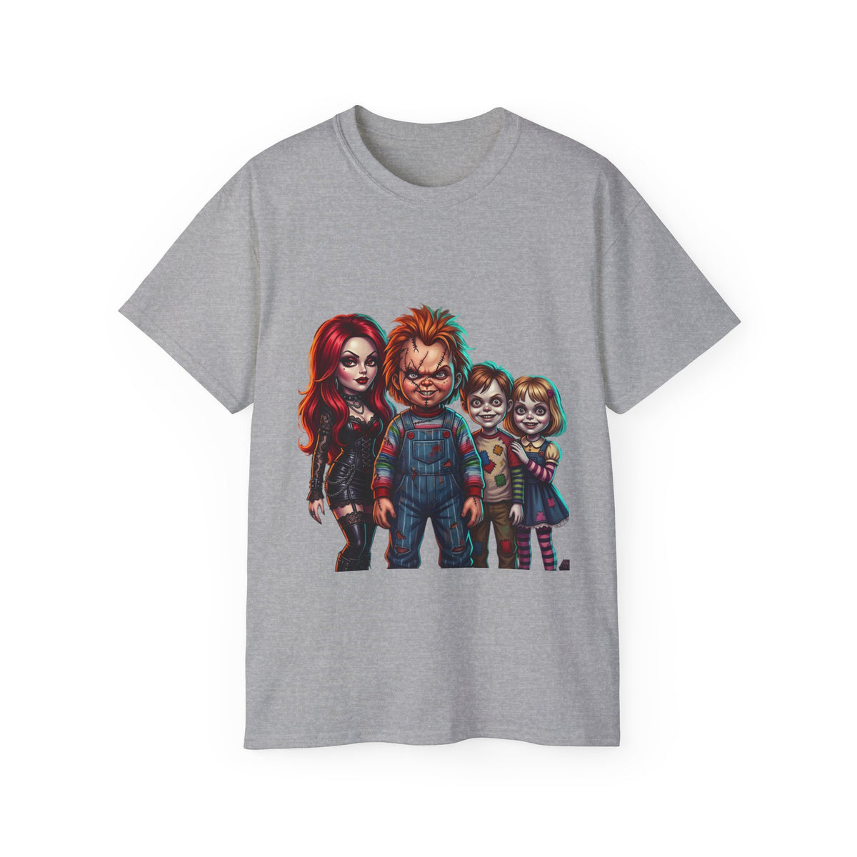 Horror Doll Family T‑Shirt — Chucky & Classic Creepy Dolls Graphic Tee