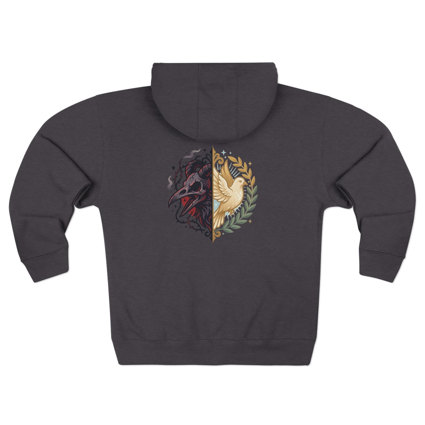 Split Wolf Crest Zip Hoodie — Dark & Gold Half-Skull Laurel Back Print