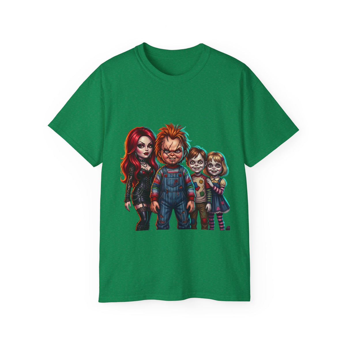 Horror Doll Family T‑Shirt — Chucky & Classic Creepy Dolls Graphic Tee