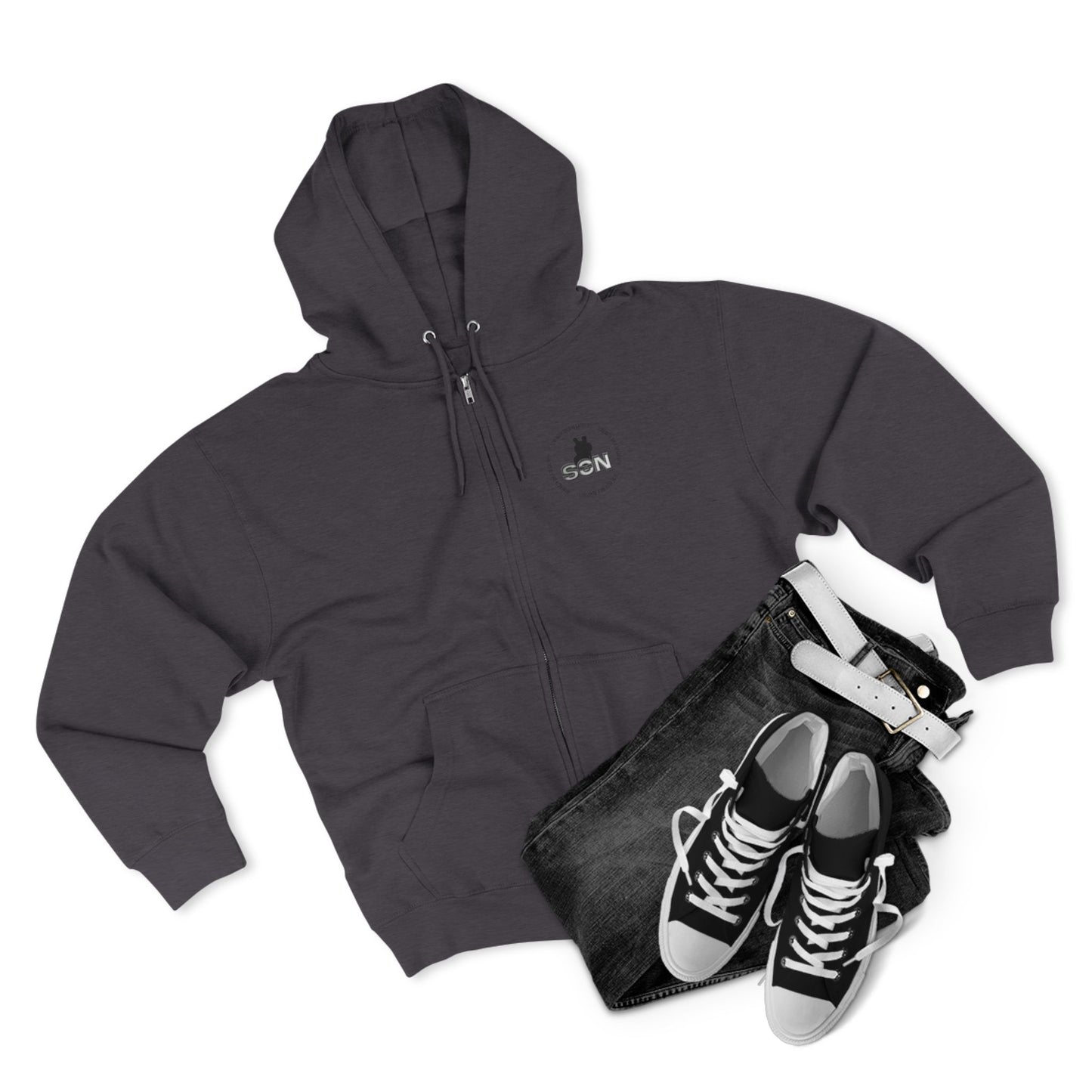 Split Wolf Crest Zip Hoodie — Dark & Gold Half-Skull Laurel Back Print