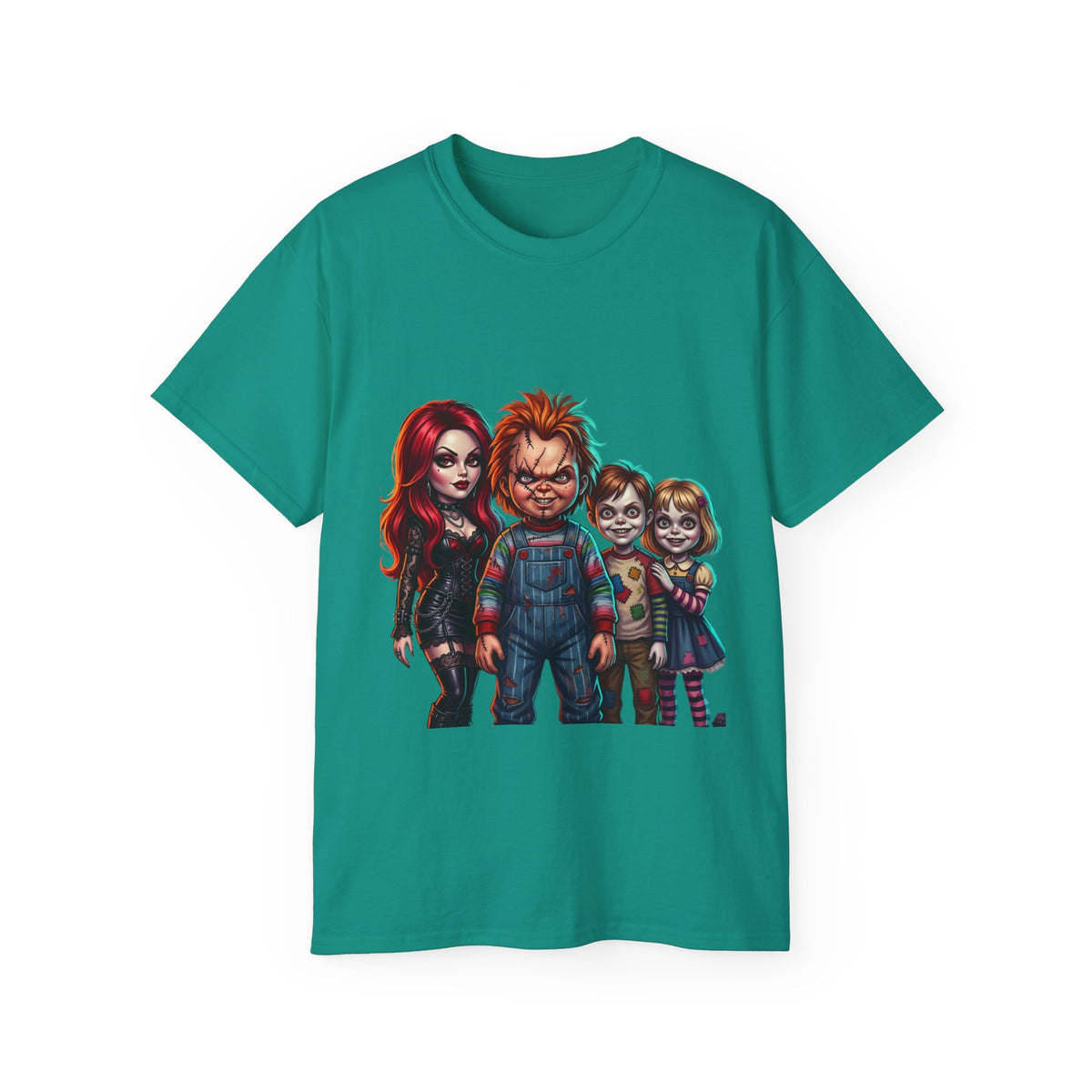 Horror Doll Family T‑Shirt — Chucky & Classic Creepy Dolls Graphic Tee
