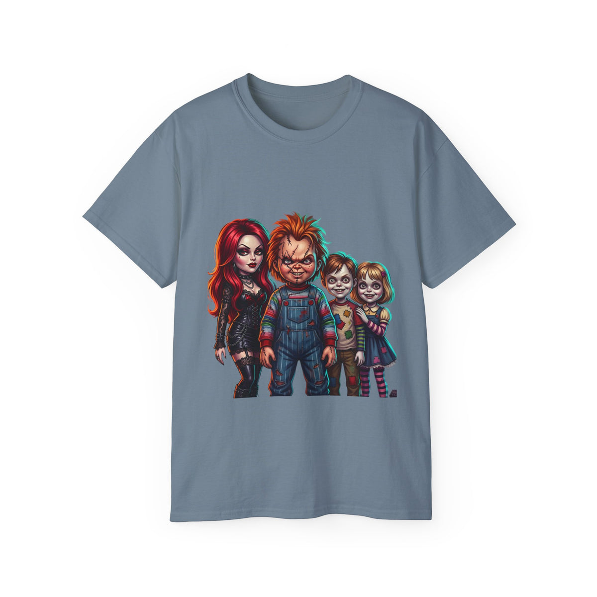 Horror Doll Family T‑Shirt — Chucky & Classic Creepy Dolls Graphic Tee