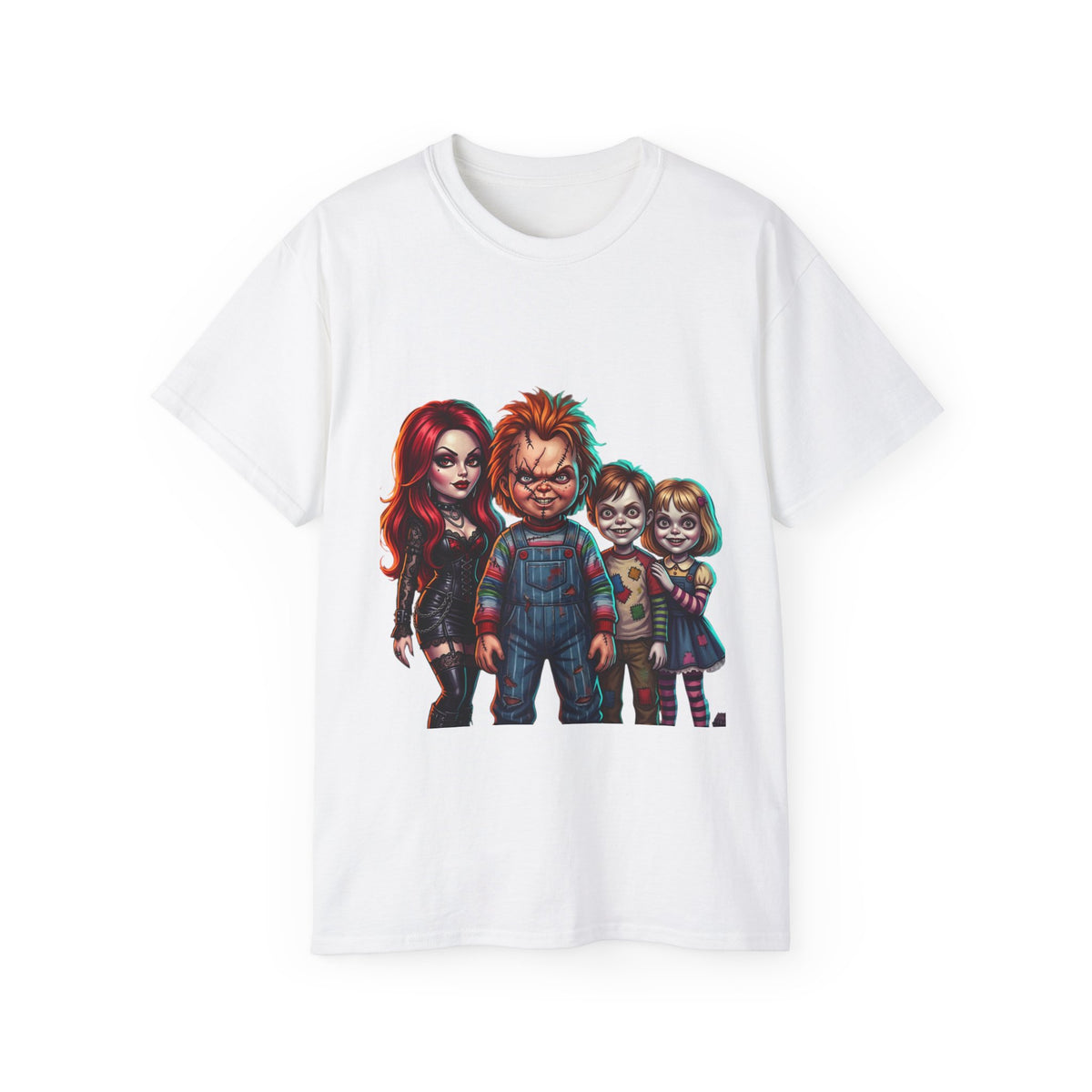 Horror Doll Family T‑Shirt — Chucky & Classic Creepy Dolls Graphic Tee