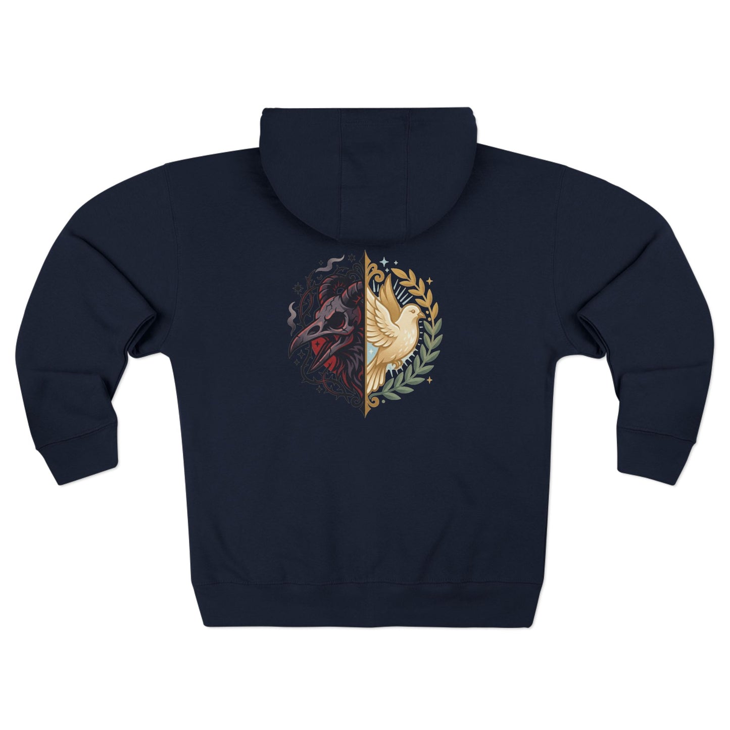 Split Wolf Crest Zip Hoodie — Dark & Gold Half-Skull Laurel Back Print