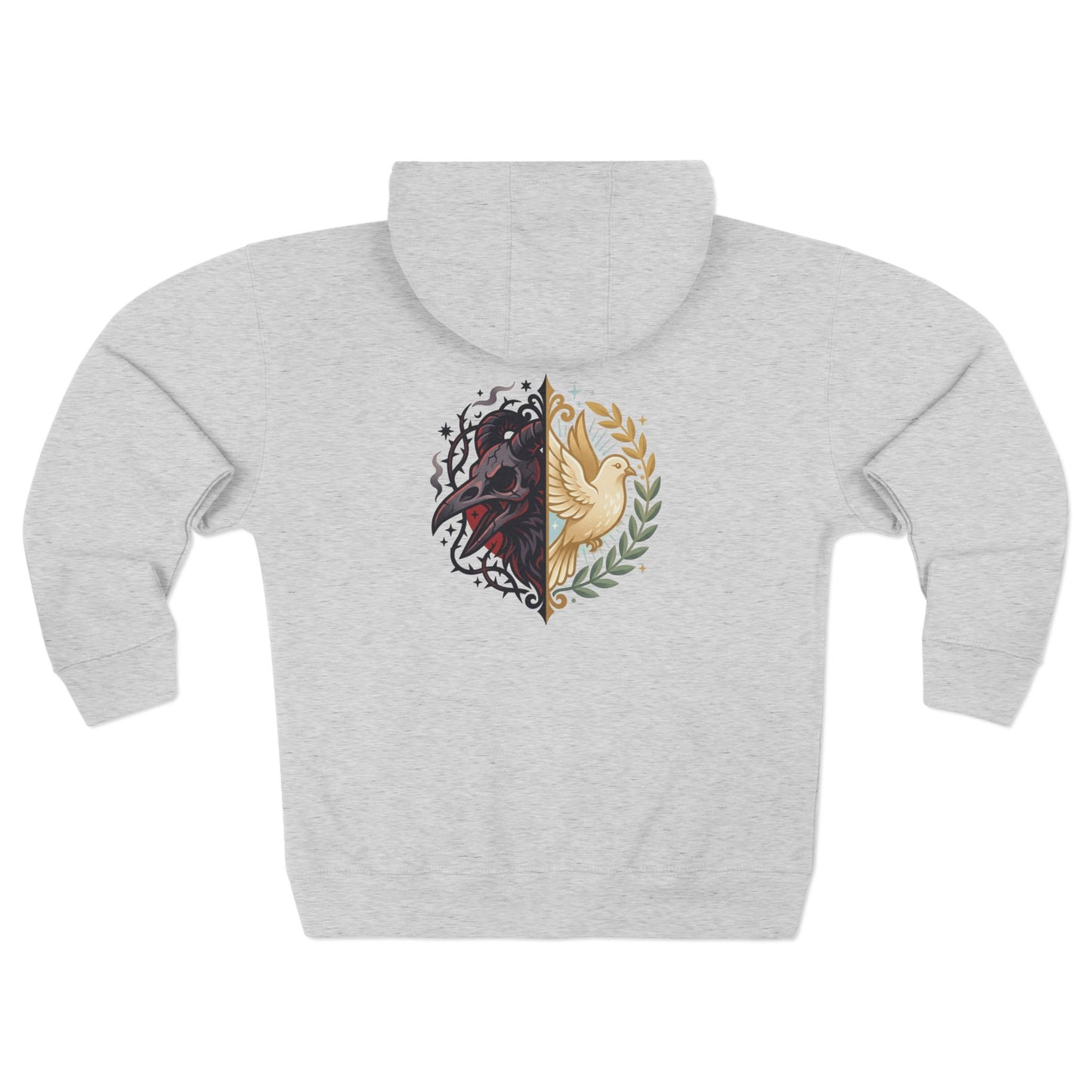 Split Wolf Crest Zip Hoodie — Dark & Gold Half-Skull Laurel Back Print