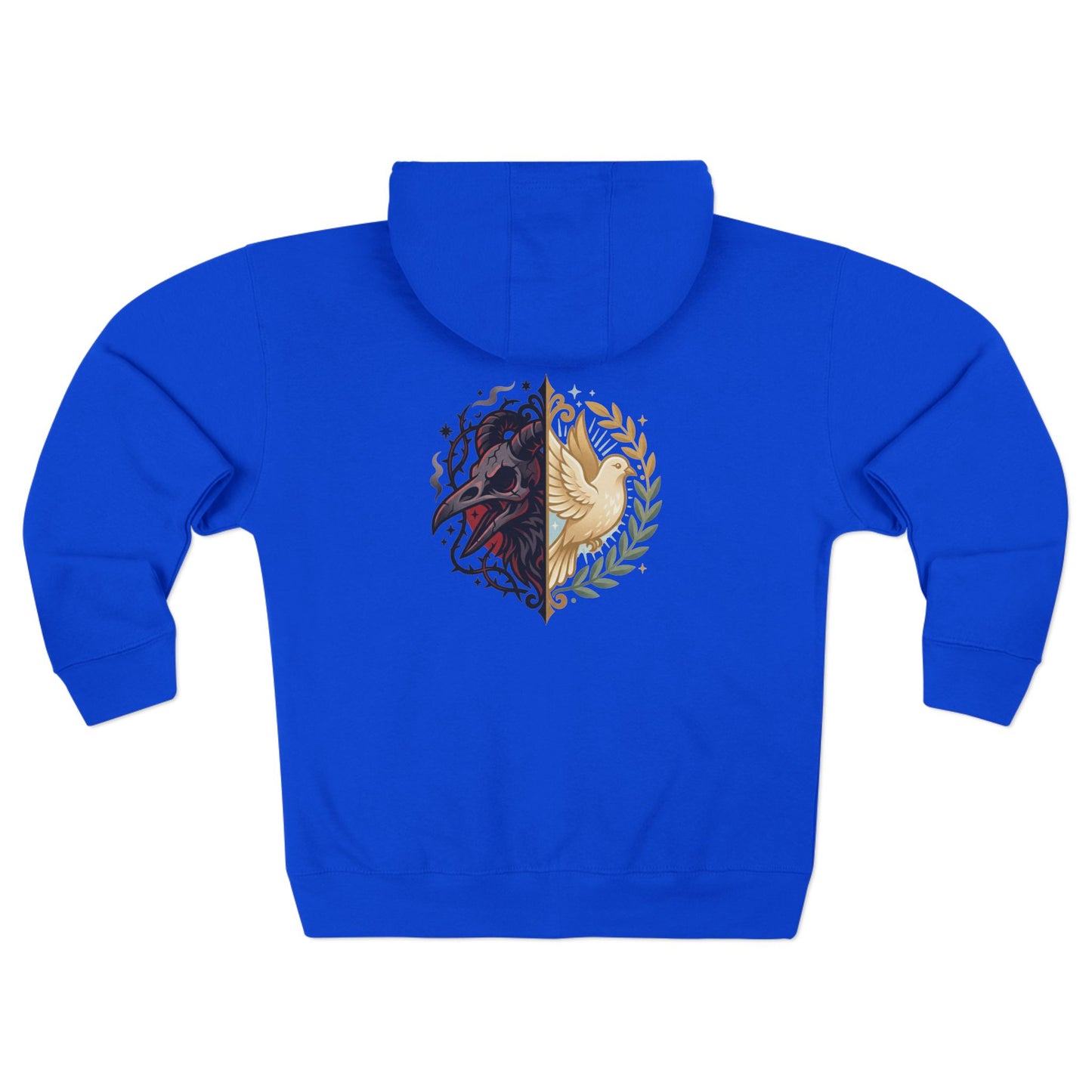 Split Wolf Crest Zip Hoodie — Dark & Gold Half-Skull Laurel Back Print