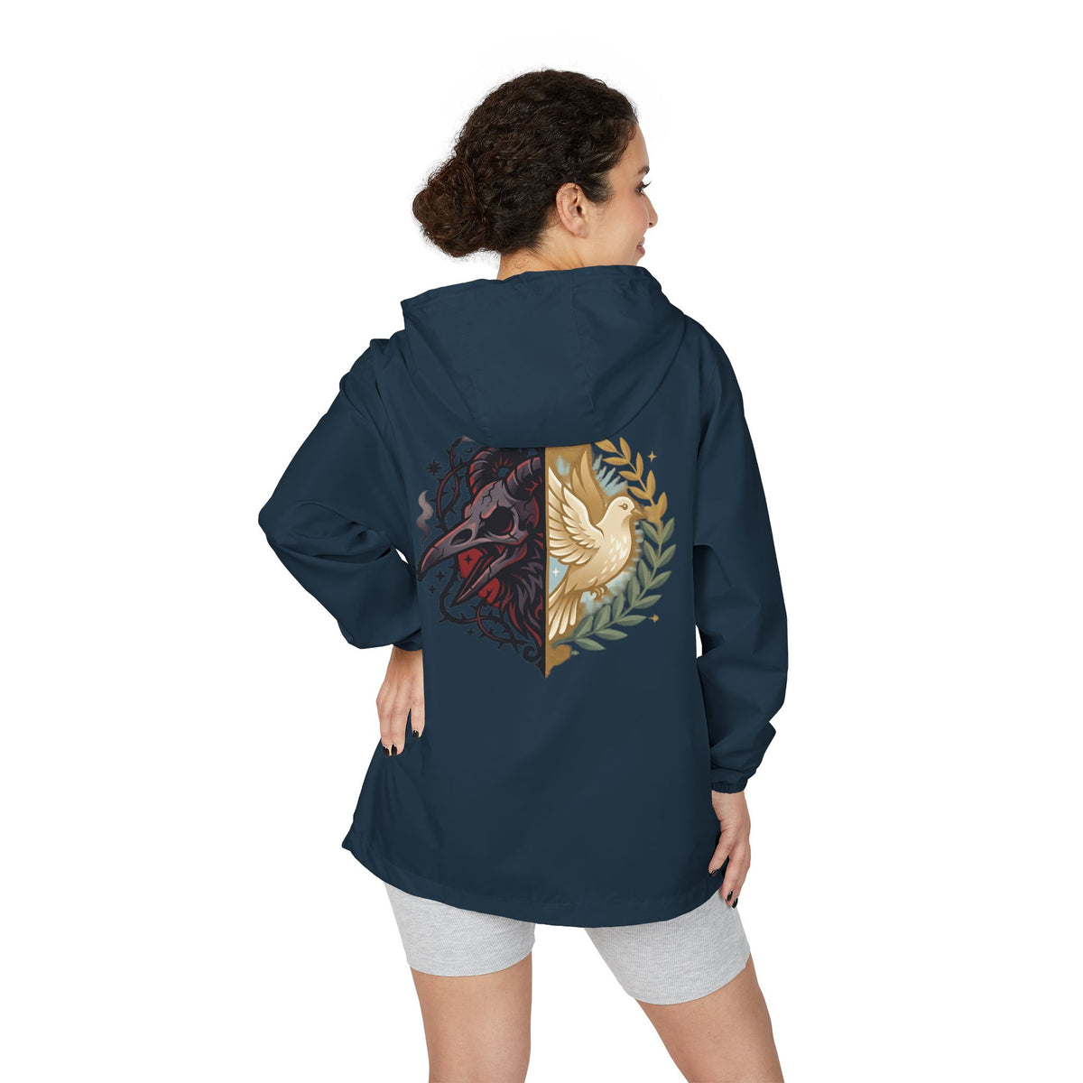 Windbreaker Jacket — Raven & Dove Split Emblem Hooded Windbreaker
