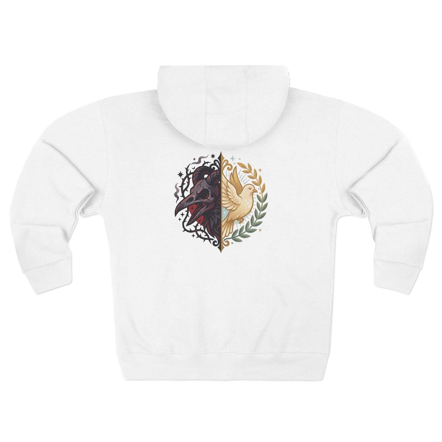 Split Wolf Crest Zip Hoodie — Dark & Gold Half-Skull Laurel Back Print