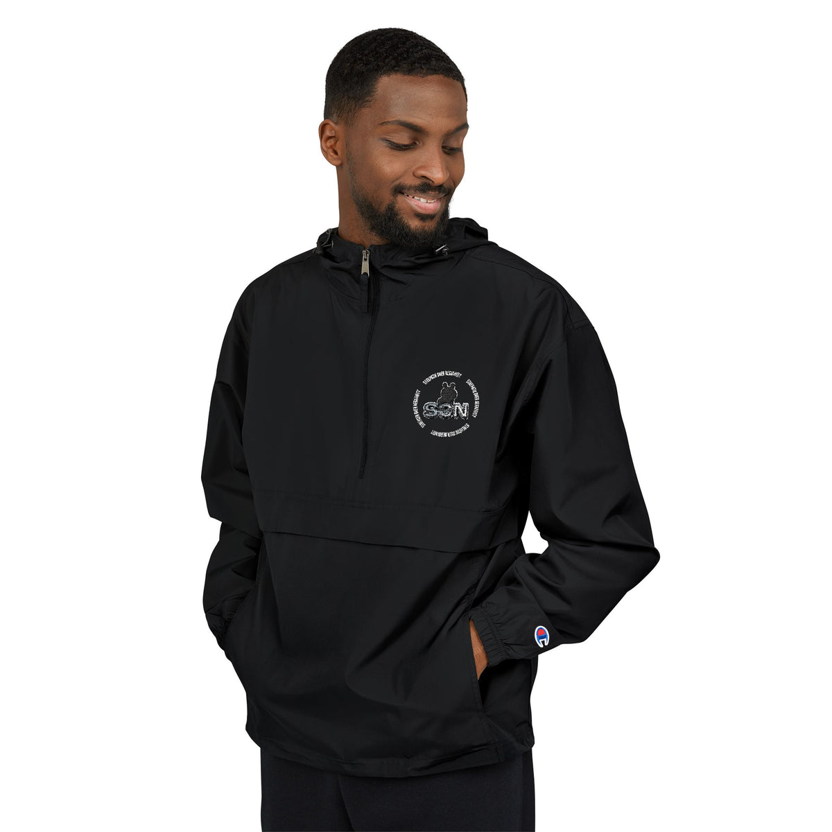 Packable Anorak Jacket — Minimal White Crest Logo, Lightweight Windbreaker for Travel & Outdoor