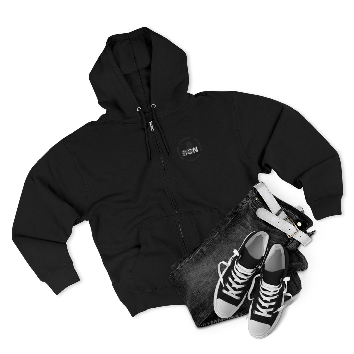 Split Wolf Crest Zip Hoodie — Dark & Gold Half-Skull Laurel Back Print