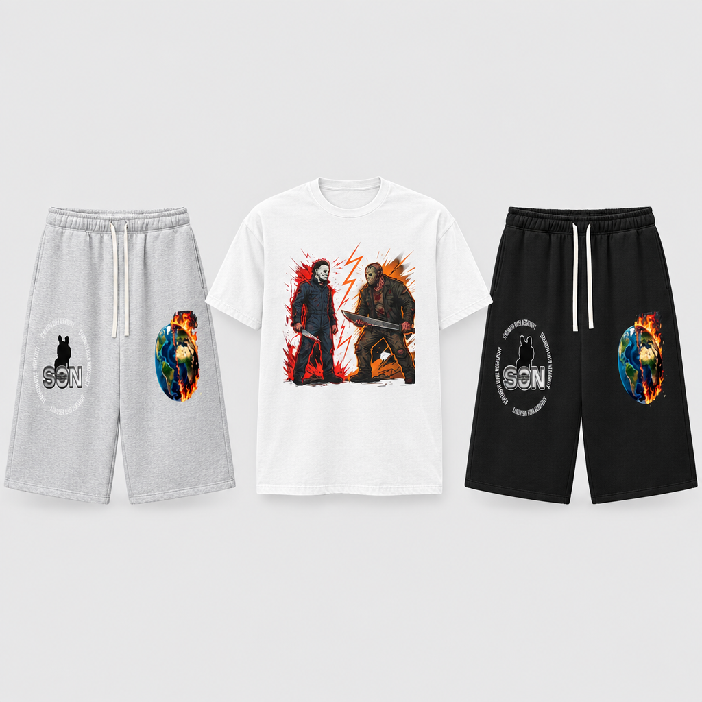 White Horror Showdown Graphic Tee paired with Flower Gray and Black Relaxed Drawstring Three-quarter Sweatpants on a light gray studio background