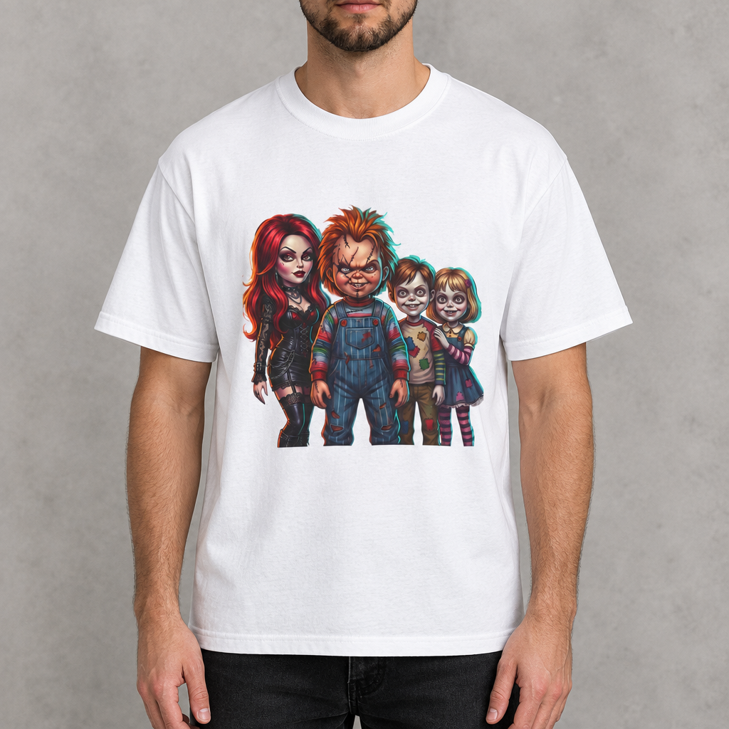Model wearing the White Horror Doll Family T-Shirt featuring Chucky and classic creepy dolls
