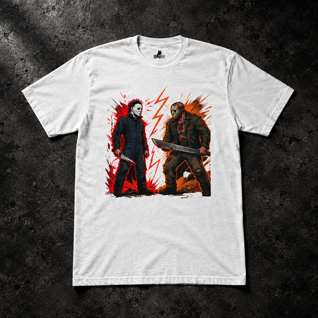 Horror Showdown graphic tee laid flat on dark concrete