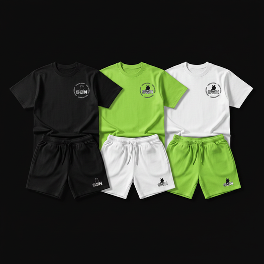 Short Sets - Black, White, Lime Green - Logo Top Right Shirt & Bottom Left Shorts