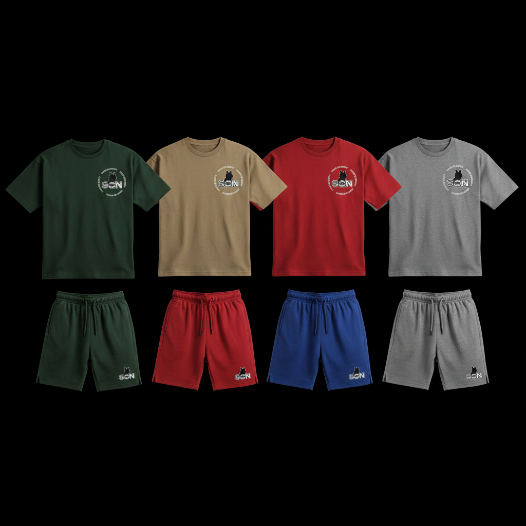 Short Sets - Dark Green, Tan, Red, Blue, Grey - Logo Top Right Shirt & Bottom Left Shorts